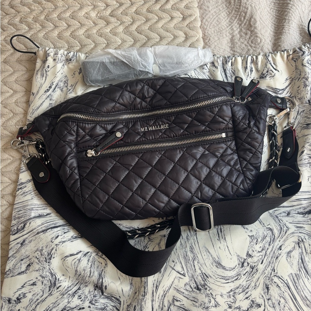 MZ Wallace Black and Silver Crossbody Bag Quilted Design